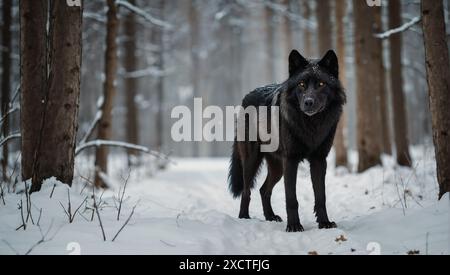 Schwarzer Wolf, der im Winter auf einem Waldweg steht. Stockfoto