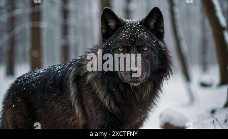 Schwarzer Wolf, der im Winter auf einem Waldweg steht. Stockfoto