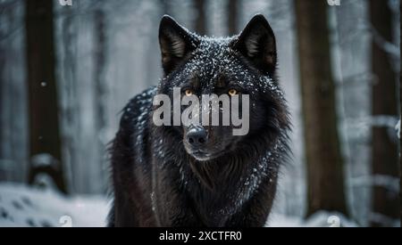 Schwarzer Wolf, der im Winter auf einem Waldweg steht. Stockfoto