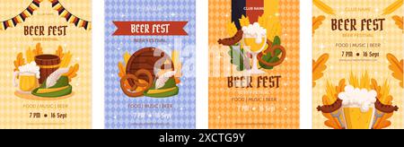 Vorlage zur Sammlung von Einladungen zum Bierfestival. Design mit Glas Bier, Weizen und Blättern, Bannerband und anderen festlichen Objekten auf leichtem Rho Stock Vektor