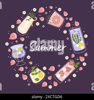 Sommer Illustration mit erfrischenden Getränken in einzigartigen Gläsern, garniert Obst, Kräuter. Getränke in kreisförmigen Mustern angeordnet, Hello Summer Text, lila Stock Vektor