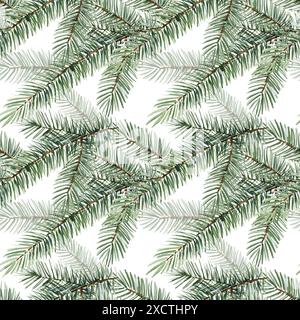 Nahtloses Aquarellmuster mit Nadelzweigen, Weihnachtsbaum, handgezeichnete Skizze von grünen Tannenzweigen, natürlicher Kiefernzweig auf weißem Hintergrund Stockfoto