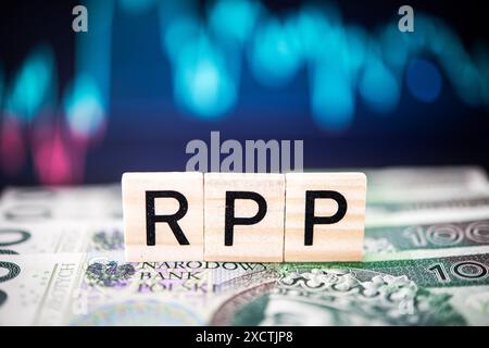 Holzblöcke, die „RPP“ auf polnischen Złoty-Banknoten mit defokussiertem Blue Growth-Währungsdiagramm im Hintergrund schreiben Stockfoto