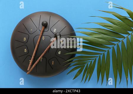 Glucophon mit Stöcken und Palmblatt auf blauem Hintergrund Stockfoto