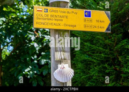 Wegbeschreibung auf dem Jakobsweg auf dem Jakobsweg mit Jakobsmuschel Stockfoto