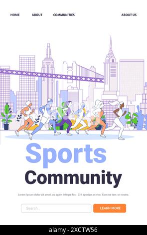 Laufgruppe im Hintergrund der Stadt verschiedene Athleten Joggen im Stadtpark Moderne Gebäude und Brückenpflanzen und Bäume Outdoor-Fitness-Aktivität Stock Vektor