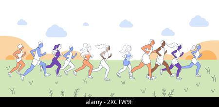 Gruppe von verschiedenen Läufern, die draußen in der Natur mit Hügeln und Wolken im Hintergrund Fitness und gesundes Lifestyle Konzept joggen Stock Vektor