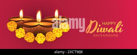 Dekoriert mit beleuchteten Öllampen diwali Feier Banner Hintergrund Stock Vektor