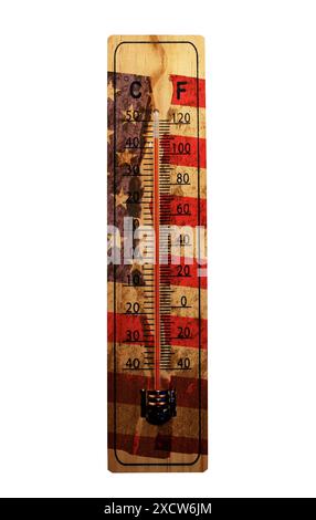 Hitzewelle in Nordamerika, verbrannte USA Flagge und Thermometer, die hohe Temperaturen anzeigen Stockfoto