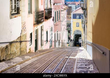 Blick von der Hälfte hinunter zur Talstation der Seilbahn Elevador da Bica in den engen Altstadtstraßen von lissabon Stockfoto