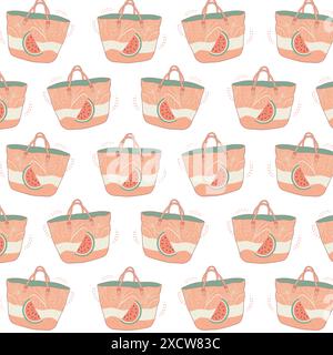 Wiederkehrendes Design von Strandtaschen mit tropischen Pflanzen und Scheiben von Wassermelonen in Pfirsich- und Grüntönen, in Bohemian-Mode Stock Vektor
