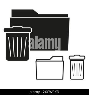 Ordner- und Papierkorbsymbole. Schwarz-weiß. Vektorbürosymbole. Dokumentenverwaltung. Stock Vektor
