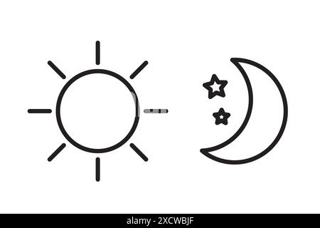 Sonne und Mond. Tag-Nacht-Symbole. Himmlische Vektorsymbole. Einfache schwarze Konturen. Stock Vektor