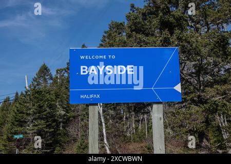Willkommen im Bayside-Schild auf der Prospect Road in Nova Scotia, Kanada Stockfoto