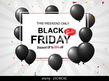 Black Friday Sale Poster mit glänzenden Ballons und Konfetti-Hintergrund Stock Vektor