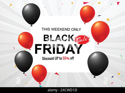 Black Friday Sale Poster für Ballons und Konfetti Hintergrund Stock Vektor