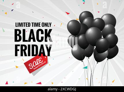 Black Friday Sale Poster mit Ballons und Konfetti Hintergrund Stock Vektor