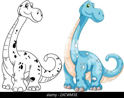 Zwei entzückende Dinosaurier, einer farbig, einer umrissen Stock Vektor
