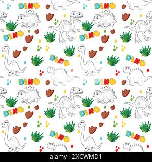 Verspieltes Dinosaurier-Design mit Pflanzen und Fußabdrücken Stock Vektor