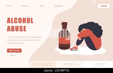 Alkoholmissbrauch. Vorlage für Landing-Page. Depressive Frau, die auf dem Boden sitzt und ihre Knie umarmt. Alkoholische Mutter. Vektor-Illustration in flachem Cartoon Stock Vektor