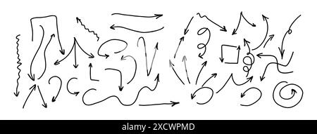 Eine Sammlung handgezeichneter schwarzer Pfeile in verschiedenen Stilen und Größen. Ein kreativer Touch für Projekte. Jeder Pfeil ist auf einem weißen Hintergru isoliert Stock Vektor