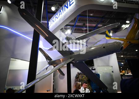 Villepinte, Frankreich. Juni 2024. Illustration des Nationalen Verbands der ukrainischen Verteidigung auf der internationalen Ausstellung Eurosatory zum Thema Land- und Luftverteidigung und Sicherheit in Villepinte bei Paris am 18. Juni 2024. Foto: Tomas Stevens/ABACAPRESS. COM Credit: Abaca Press/Alamy Live News Stockfoto