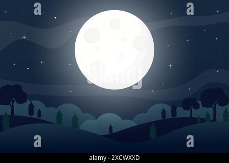 Landschaftsillustration mit dem Vollmond in der Nacht voller Sterne Stock Vektor