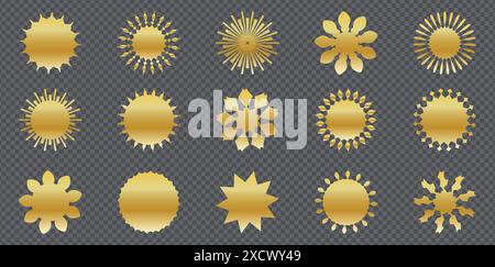 Goldene leere Aufkleber – Promo-Set. Kollektion aus flachem goldenem Starburst, Verkaufs- oder Preisschild, Qualitätssiegel, Retro-Rabattabzeichen 70er oder 80er Jahre, Sonnenstrahl Stock Vektor