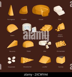 Große Auswahl an verschiedenen Käsesorten mit Namen. Vektorabbildung. Ideal für Plakate und Banner, Cafés und Geschäfte Stock Vektor