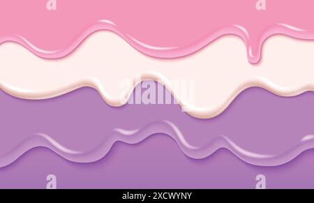 Süße Creme Tropf. Rosa Süßigkeiten Schleim Farbe flüssiger Hintergrund. Jelly Dessert Flow Textur. 3D Hochglanzsirup Glasur Wellenbanner. Abstrakte Pastell-Bubblegum lecker flüssige Joghurt-Schicht abstrakte Grafik Stock Vektor