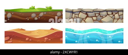 Schneide die Grundierung für das Design der spieloberflächen. Zeichentrickvektorsatz der nahtlosen unterirdischen Textur des Bodens mit grünem Gras, Sand in der Wüste, Meer oder Ozean Wasser Wellenoberfläche und Kiesstein Straße. Stock Vektor