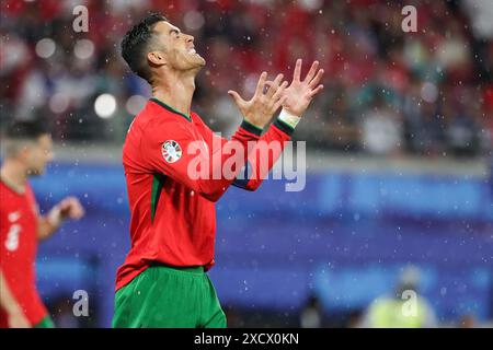 Hamburg, Deutschland. Juni 2024. Cristiano Ronaldo aus Portugal reagiert während des UEFA Euro 2024-Spiels zwischen Portugal und Tschechien am 18. Juni 2024 in der Red Bull Arena (Endstand Portugal 2-1 Tschechische Republik) (Foto: Sergei Mikhailichenko/SOPA Images/SIPA USA) Credit: SIPA USA/Alamy Live News Stockfoto