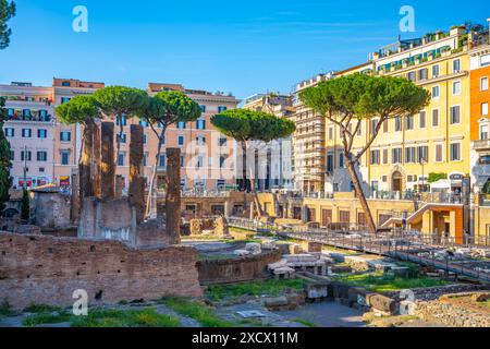 Ein Blick auf die antiken römischen Ruinen am argentinischen Turmplatz, italienisch: Largo di Torre Argentina, Rom, Italien. Die Ruinen sind von modernen Gebäuden und Bäumen umgeben. Stockfoto