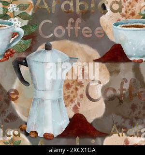 Nahtloses Muster mit Arabica-Kaffee mit Mokaköpfen und -Tassen, perfekt für Café-Dekor. Digitale Kunst im Aquarellstil, auf dunklem Hintergrund, zum Drucken auf Stoff und Papier. Stockfoto