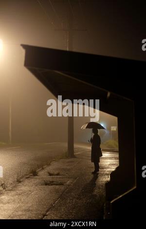 Eine Silhouette einer Frau unter einer Straßenlaterne, die einen Schirm hält, der neben einer alten Bushaltestelle bei Nebel und Regen in Katoomba bei Nacht steht Stockfoto