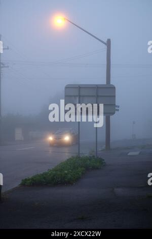 Ein Auto fährt unter einer leuchtenden Straßenlaterne und Stromleitungen in starkem Nebel, die Scheinwerfer des Autos, die vom Nebel gedimmt werden, leuchten auf einer Vorstadtstraße von Katoomba Stockfoto