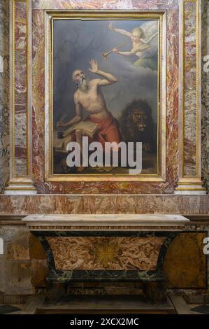 Rom. Italien. Kirche Sant’Onofrio al Gianicolo aus dem 15. Jahrhundert, Piazza di Sant’Onofrio. Kapelle St. Jerome (San Gerolamo), Altarbild Porträt von St. J. Stockfoto