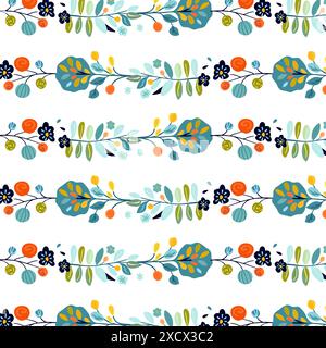 Nahtloses Muster mit horizontalen Streifen von dekorativen Pflanzen, Blumen und Bäumen im Volkskunststil auf weißem Hintergrund. Ideal für Textilien, Tapeten und Frühlingsdesigns. Mit lebhaften Farben, einschließlich grüner Bäume und roter Beeren, mit traditionellen Motiven..... Stock Vektor