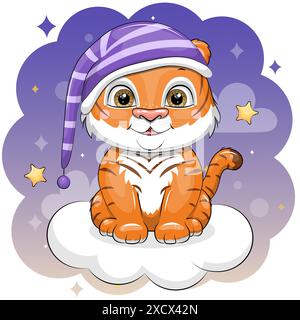 Der süße Cartoon-Tiger trägt einen Schlummertrunk und sitzt auf einer Wolke. Nachtvektor-Illustration des Tieres auf einem dunkelblauen Hintergrund. Stock Vektor