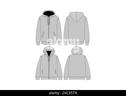 Grau Hoodie Vorlage Hoodie Sweatshirt Langarm Hoodie für Design Mockup Druck isoliert auf weißem Hintergrund Streetwear Hoodie Technical Sketch Cloth Stock Vektor