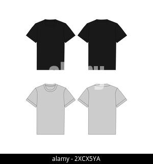 Männer Schwarzes T-Shirt realistische Mockup - Kurzarm Street-Wear-Kleidung Vorlage - Fashion CAD Tech Clothing Design Illustration Stock Vektor