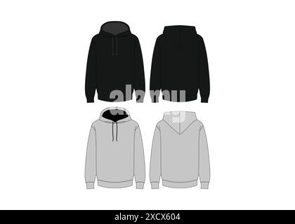 Schwarzes männliches Kapuzenpullover - Langarm Hoody Mockup - Männer Hoodie Design - Streetwear Bekleidung Vector Template Schwarzes männliches Kapuzenpullover Stock Vektor