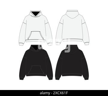 Schwarz weiß Hoodie Vorlage Hoodie Sweatshirt Langarm Hoodie für Design Mockup Druck isoliert auf weißem Hintergrund Schwarz Streetwear Hoodie Technical Stock Vektor