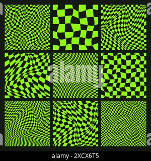Trendiges Karomuster, schwarz-grün verzerrtes Fliesengitter. Gewellter, geschwungener Hintergrund, Verzerrungseffekt. Funky geometrische Schachbrettstruktur, Retro Stock Vektor
