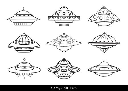 Satz von Vektor-Illustration mit fliegenden Untertassen im Doodle-Stil isoliert auf einem weißen Hintergrund. Stock Vektor