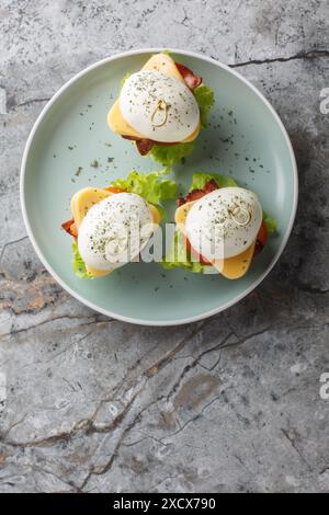 Festliches Ei-Sandwich mit Käse, Speck, Tomaten und Salat in Nahaufnahme auf einem Teller auf dem Tisch. Vertikale Draufsicht von oben Stockfoto