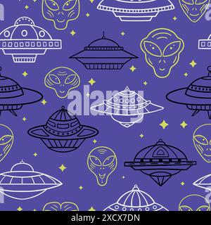Kritzeln Sie nahtlose Textur mit UFO und Außerirdischen. Stock Vektor
