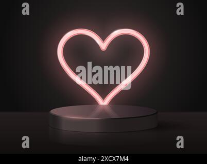 Podium oder Podest auf schwarzem Hintergrund mit leuchtendem Neonherz. Minimalistische Bühne oder Schaufenster für Produktmodellausstellung. Vektorabbildung. Stock Vektor