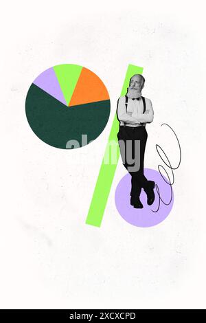 Vertikale Fotocollage des seriösen alten Rentners Geschäftsmann Diagramm Jobentwicklung Erfolg Erfolg Ziel isoliert auf gemaltem Hintergrund Stockfoto