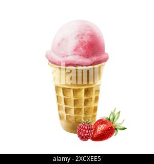Eine Schaufel Erdbeere, Himbeereis in knuspriger Waffelschale. Handmalerei süße Aquarellillustration isoliert auf Hintergrund. Für Designer, Herren Stockfoto